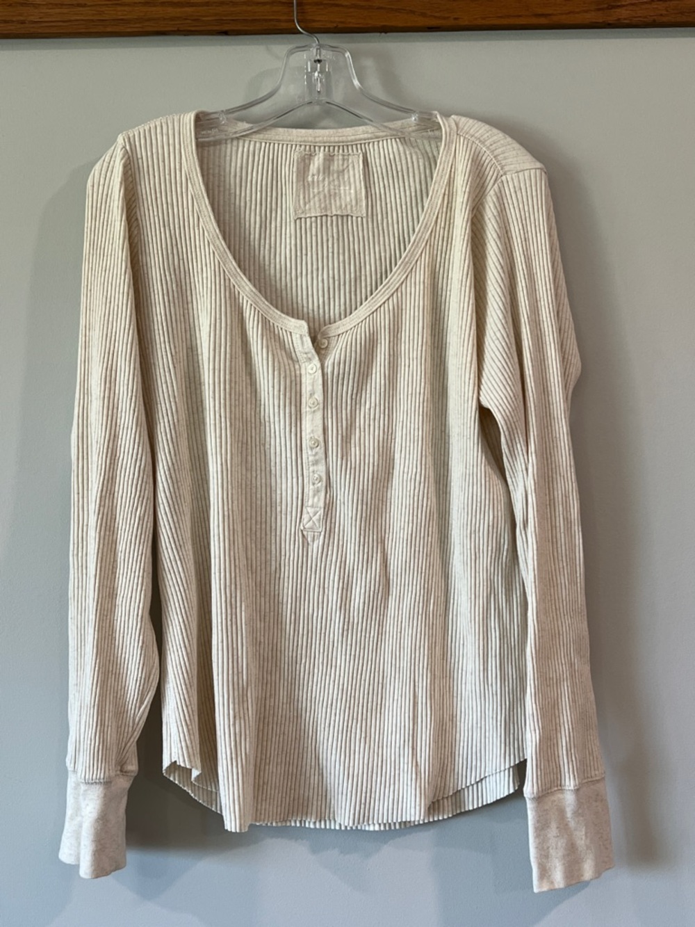Aerie - XL, Ribbed Henley Long Sleeve Top - Cream/Beige